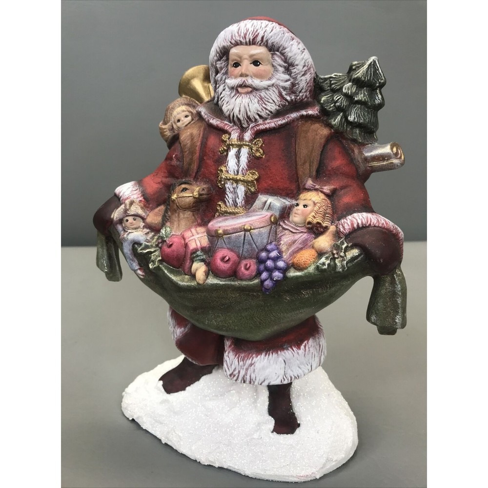 Vintage Santa Claus Opening His Sack Fruit Toys Figurine Glitter Snow Hand Paint